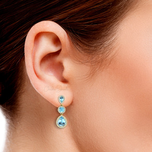 Trending Products 1.10mm Brilliant Cut White Diamond Halo <b>Earrings</b> with Aquamarine Gemstone In 14k Solid Gold Cocktail <b>Earrings</b> - Product Image 6