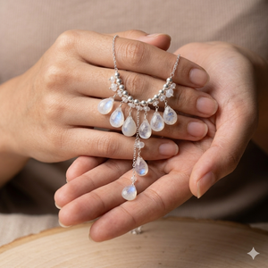 Natural <b>Rainbow</b> Moonstone Gemstone Beaded <b>Drop</b> Necklace 925 Sterling Silver Jewelry Gift December Birthstone Chain Bohemian - Product Image 1
