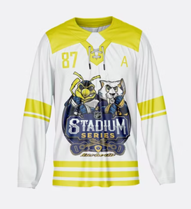 Maillot de hockey sur glace personnalisé pour homme, manches longues, blanc et bleu marine, imprimé Stadium Series, en polyester anti-humidité, uniforme adulte à manches complètes - Product Image 6