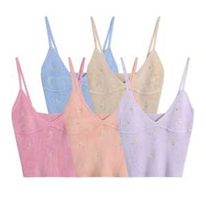 Women's Knitted V-Neck Embroidered Crop Top Casual Solid Color Spandex Cotton <b>Sleeveless</b> Vest Outer Wear - Product Image 1