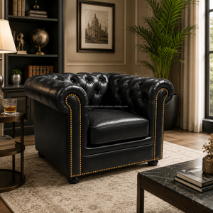 Fauteuil Chesterfield moderne en cuir noir, dossier capitonné de luxe, avec garniture de clous dorés, canapé monoplace pour bureau et maison - Product Image 2
