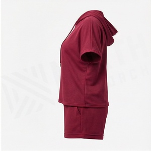Conjunto de 2 Piezas para Mujer, Top con Capucha de Manga Corta y Pantalones Cortos por Encima de la Rodilla, Color Sólido, Estilo Casual, Holgado, Tejido de Algodón, para Primavera - Product Image 3