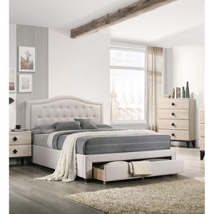 Testiera Imbottita con Design ad Arco e Bottoni, in Tessuto di Iuta Marrone Chiaro, per Letto Queen Size con Cassetto Contenitore, Arredamento Camera da Letto - Product Image 2