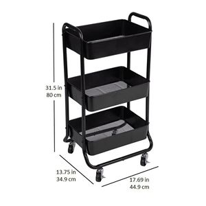 Carrello portaoggetti a 3 ripiani in metallo nero lucido con ruote per un facile spostamento, ideale per contenitori e scaffali - Product Image 2