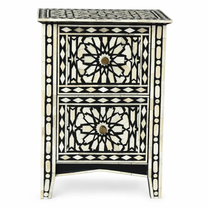 Black and <b>White</b> Bone Inlay <b>Bedside</b> <b>Table</b>, Handmade Floral Nightstand, 2 Drawer End <b>Table</b>, Luxury Bedroom Side <b>Table</b> - Product Image 2