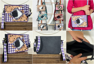 New Latest Stylish Tooled Leather Sling Shoulder <b>Bag</b> Cowhide Purple & White Checkered Western Crossbody Purse Wristlet Handbag - Product Image 3