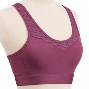 Sujetador deportivo morado para mujer con cuello redondo, panel de malla y diseño de espalda cruzada para yoga, soporte medio, transpirable y sin costuras - Product Image 3