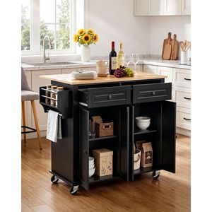 Carrello da Cucina con Isola e Spazio di Archiviazione, Larghezza 110,6 cm, Carrello Mobile con Ruote Girevoli, 2 Cassetti e Armadietto - Product Image 2
