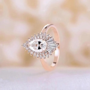 Anillo de compromiso de moissanita talla pera con doble halo único, anillo de boda con halo de diamantes baguette y diseño de estrella, anillos para mujer, aniversario. - Product Image 2
