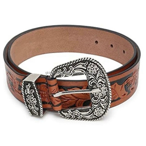 Ceintures en cuir marron gaufré de 40 mm pour hommes, fabriquées en Inde, avec boucle anti-nickel, ceintures et accessoires de cowboy en cuir travaillé. - Product Image 4