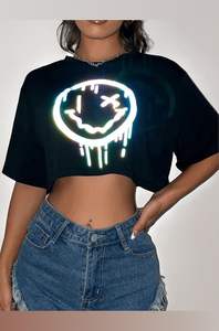 Camiseta corta para mujer con cuello redondo, estampada, de algodón y elastano, tejida, transpirable, de manga corta, informal - Product Image 3