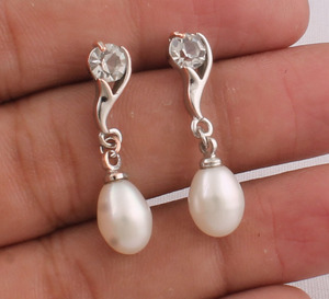 Boucles d'oreilles pendantes en perles d'eau douce, argent sterling 925, bijoux de mariage vintage, perle blanche naturelle - Product Image 1