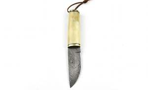 Couteau utilitaire à lame fixe en acier Damas, fabriqué à la main, avec manche en os lisse et poinçon en laiton, outil de découpe - Product Image 2