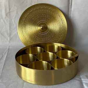 Traditional <b>Herb</b> & Spice Storage Organizer Kitchen Use Golden Metal Masala Dabba Spice <b>Box</b> with Mandala Lid Seven Containers - Product Image 1