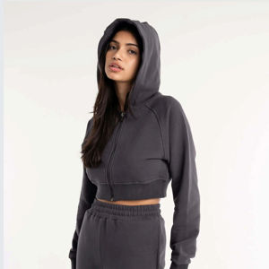 Sudadera con Capucha Corta Gris Oscuro para Mujer, Personalizada al por Mayor, de Manga Larga, Color Sólido, de Forro Polar, para Otoño - Product Image 2