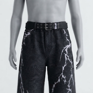 Pantalon en jean pour homme à taille haute et jambes larges avec imprimé éclair, coupe ample, style streetwear, automne - Product Image 3