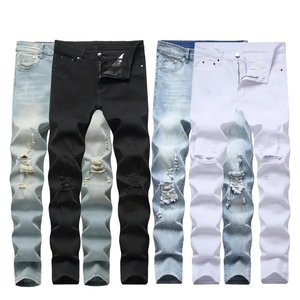 Jeans en denim pour homme, coupe slim droite, décontracté, respirant, taille mi-haute, délavage moyen, couleur unie, nouvelle collection été, direct usine - Product Image 4