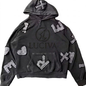 Sweat à capuche patchwork lourd personnalisé en gros |   Sweat-shirt vintage délavé à l'acide avec épaules tombantes - Product Image 1