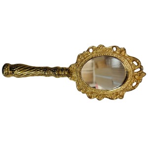 Antique Gold Plated Metal Hand <b>Mirror</b> with Embossed Floral Design Vintage Handheld Makeup <b>Mirror</b> for Salon and Traditional - Product Image 6