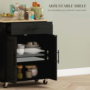Isola Cucina Portatile Moderna in Legno Nero con Vano Portaoggetti, Caricatore e Cassetto Porta Spezie, Carrello da Cucina Mobile per Casa - Product Image 6
