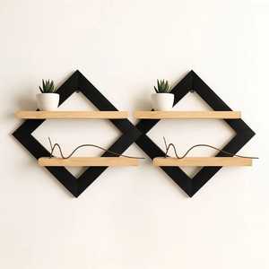 2 Tier Industrial Wooden Wall <b>Shelf</b> Metal Curved Wire Bracket Floating Bookshelf Living Room <b>Bedroom</b> Wall Storage Display Rack - Product Image 5