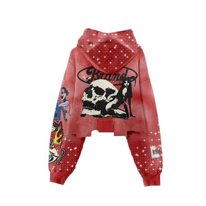 ชุดเซ็ตเสื้อฮู้ดดี้และกางเกงขายาวทรงครอปผ้าเฟรนช์เทอร์รี่สไตล์วินเทจแบบย้อมสีเอซิด แต่งดีเทลขาดๆ ประดับคริสตัล ผลิตโดย Manufacturer Streetwear - Product Image 5