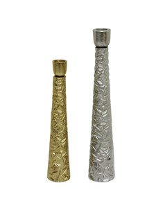 Set of 2 Tall Metal Candle Holders, Textured Gold and Silver Taper <b>Candelabra</b>, Modern Minimalist Tabletop Decor for Home Styling - Product Image 1