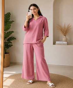 Women Linen Kurta Set Pink Casual Ankle-Length Palazzo Pants India Pakistan Style All Seasons Wear 85212 FVD- KitkatTop-Plazoo - Product Image 1