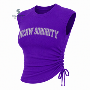 NCNW Sorority Women's Bling Rhinestone Ribbed Tank <b>Top</b> Ruched Side Crew Neck <b>Raglan</b> Cap Sleeve Casual Crop <b>Top</b> - Product Image 2