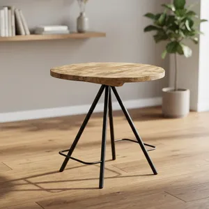 Table de bar moderne en fer et bois, plateau rond en bois massif, base trépied en métal noir, hauteur de comptoir, table de bistrot pour la maison et les restaurants - Product Image 3