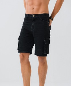 Shorts cargo noirs pour hommes, taille mi-haute, couleur unie, style décontracté en toile avec poches, fermeture boutonnée, tissu respirant - Product Image 1