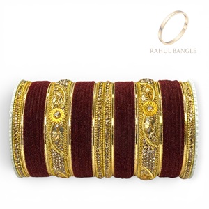 Highest Selling Elegant Wine <b>Red</b> Velvet Wedding Bangle Set for Brides with Golden Designer Bangles Wholesale Price Peaceful Gift - Product Image 5
