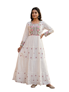 Embroidered Tiered <b>Maxi</b> Dress Long Sleeve A-line Casual Dress Floral Embroidery Women Party Wear - Product Image 1