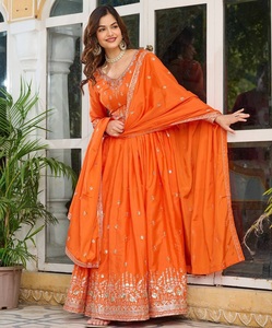 Vestido Anarkali de Seda Americana Naranja de Moda con Hilo y Lentejuelas para Bodas y Fiestas, Traje Indio Pakistaní para Mujer - Product Image 1