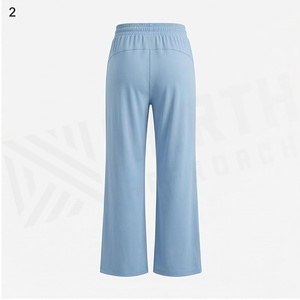 Pantalones de yoga para mujer de cintura alta, acampanados, hasta el tobillo, de color azul claro liso, transpirables, de algodón y elastano con cintura elástica - Product Image 2