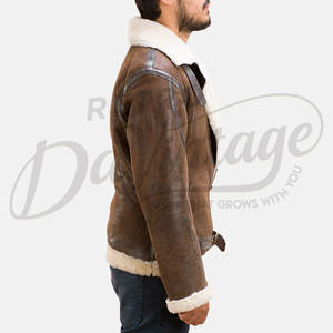 Veste aviateur en peau de mouton marron de qualité supérieure pour homme, doublée de fausse fourrure blanche, veste de pilote d'hiver avec ceinture à la taille - Product Image 3