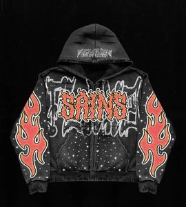 Sweat à capuche zippé pour homme de haute qualité, coupe décontractée, en polyester/coton, coupe-vent, avec broderie vieillie et épaules tombantes - Product Image 2