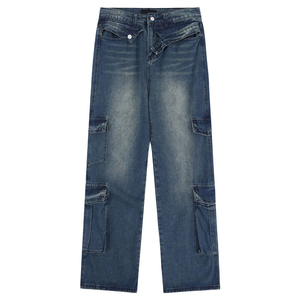 Nouveau Jean Cargo en Denim Bleu pour Homme Coupe Ample Personnalisée Multi-Poches Streetwear Vintage Délavé Jambe Large Droite - Product Image 5