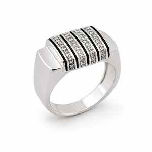 925 Sterling <b>Silver</b> Diamond <b>Mens</b> Signet <b>Ring</b> High Polish Geometric Stripe Design Wedding Party Gift Jewelry Band - Product Image 3