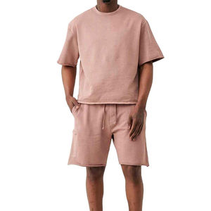Ensemble tendance homme : T-shirt à manches courtes et short, 2 pièces, col rond, couleur rose délavée, confortable pour l'été - Product Image 1