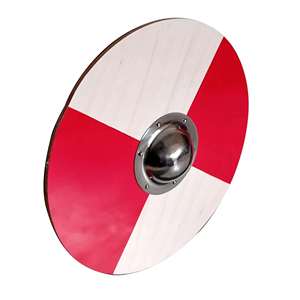 Bouclier rond en bois Viking artisanal rouge et blanc, bouclier médiéval avec boss en acier doux, prêt pour le combat, décoration murale, armure - Product Image 3