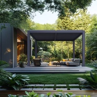 Pavillon de jardin moderne avec structure en acier thermolaqué noir et toit à lames motorisé pour usage en extérieur, dans les jardins et cours, toutes saisons