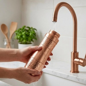 Ensemble de bouteilles d'eau en cuivre pur, directement de l'usine, avec couvercle plat, forme sablier, vaisselle écologique, 2 verres personnalisables - Product Image 2