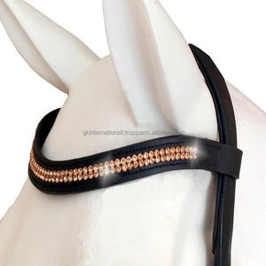 Diadema curva negra de cuero para caballo, estilo inglés, decorada con 2 filas de cristales dorados y cadena de diamantes, diadema de carreras. - Product Image 6