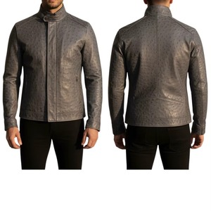 Veste en cuir de vachette véritable pour homme, style Cafe Racer, col montant, effet d'autruche, couleur gris chaud, personnalisation disponible - Product Image 6