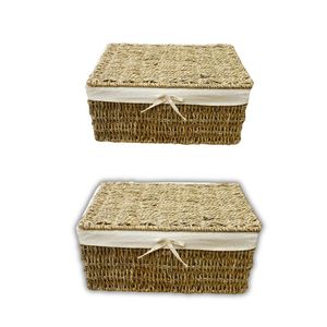 Cesta de Almacenamiento de Mimbre y Hierba Marina, Juego de Cestas Rectangulares con Tapa y Marco Metálico - Product Image 1