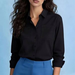 Chemise à manches longues boutonnée pour femme, haut de bureau décontracté, col à revers, poche poitrine, couleur unie - Product Image 2
