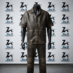 Two Piece <b>Short</b> <b>Sleeves</b> <b>Button</b>-<b>up</b> Casual Autumn Wear With Side Pockets Two-Piece Tracksuit Vintage Leather Suits - Product Image 1