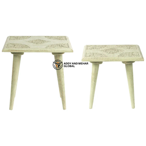 Vintage Carved <b>Wooden</b> Nesting Tables Set of 2 Distressed Finish Rustic Side Tables for Living Room Bedroom Home Decor Ottomans - Product Image 6