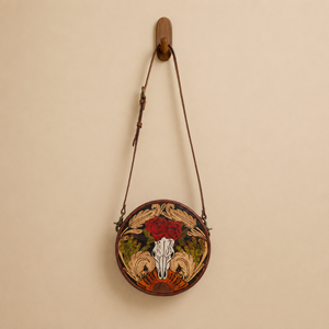 Sac bandoulière rond en cuir véritable fait main avec motif crâne western pour femme, sac à main vintage floral fait main pour voyage - Product Image 1